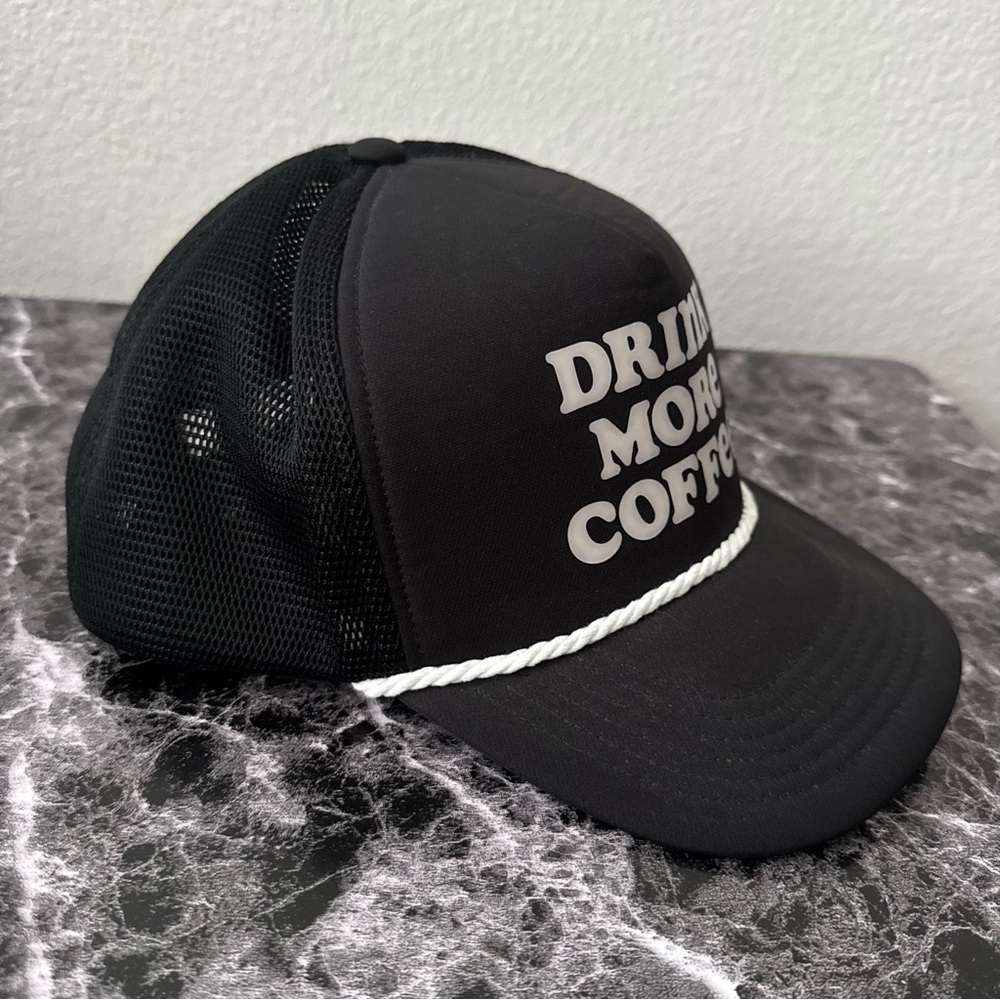 Dutch Bros Coffee Drink More Coffee Black Rope Brim Mesh Snapback Trucker Hat - Picture 3 of 6